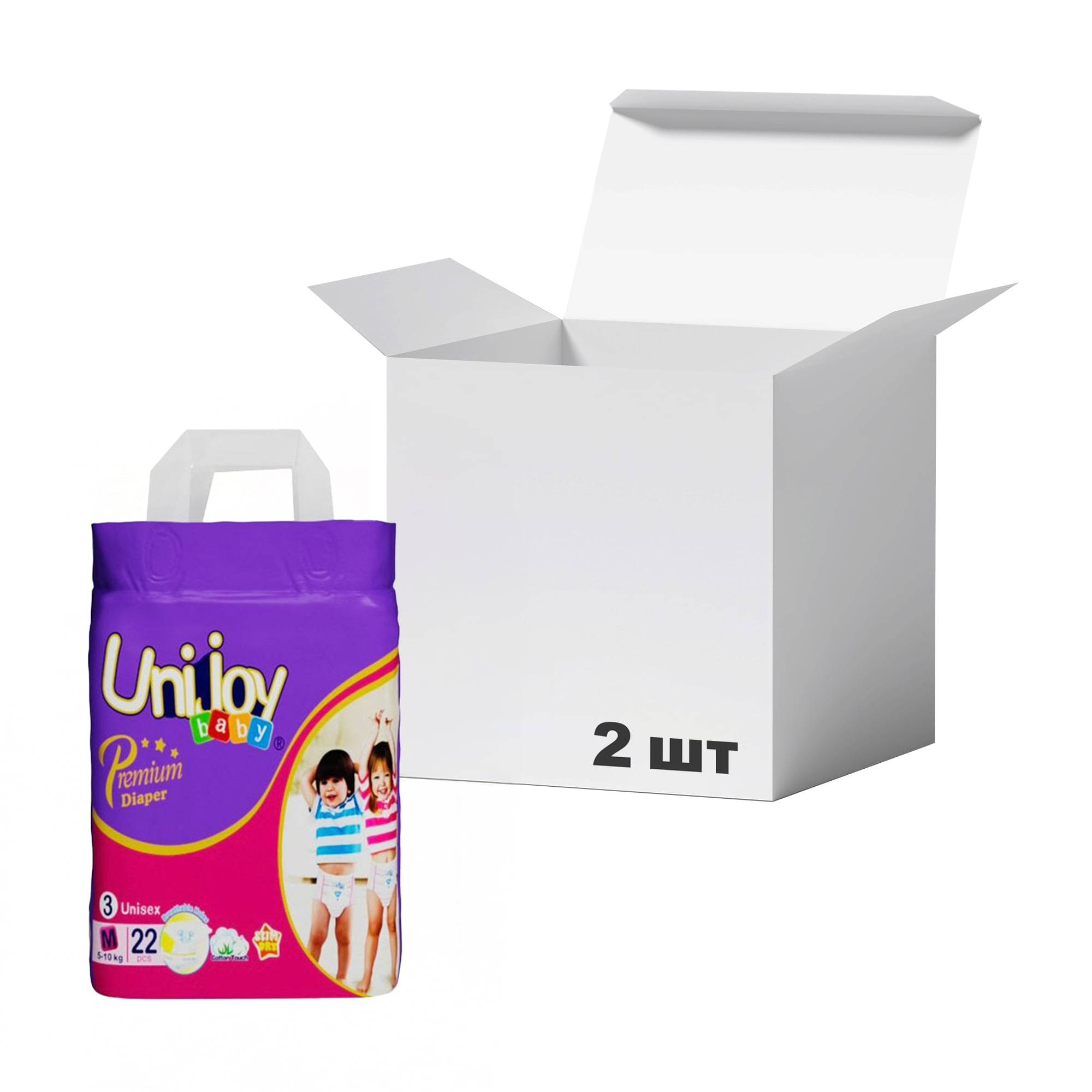 Упаковка підгузків Unijoy Premium Diapers розмір М (5-10 кг), 22 шт * 2 шт